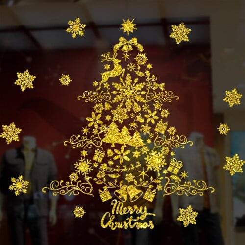 Shining Gold Christmas Tree Window Sticker Santa Ride Xmas Garland Wall Decals New Year Showcase Stickers Snowman Home Decor
