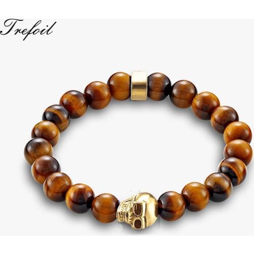 Bracelet Strand with Skull & 8mm Tigers Eye Beads,2018 New Blackened Silver Fashion Jewelry Punk Gift for Men Women Bransoletka