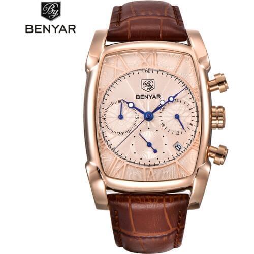 Relogio Masculino BENYAR Watch Men Fashion Gold Silver Rectangle Business Dress Quartz Wrist Watch Leather Calendar Clock Saat