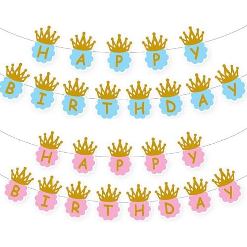 Kids Baby Cute Pink Blue Crown HAPPY BIRTHDAY Paper Hanging Flag Banner Oh Baby Party Decorations for Baby Shower Party Favors