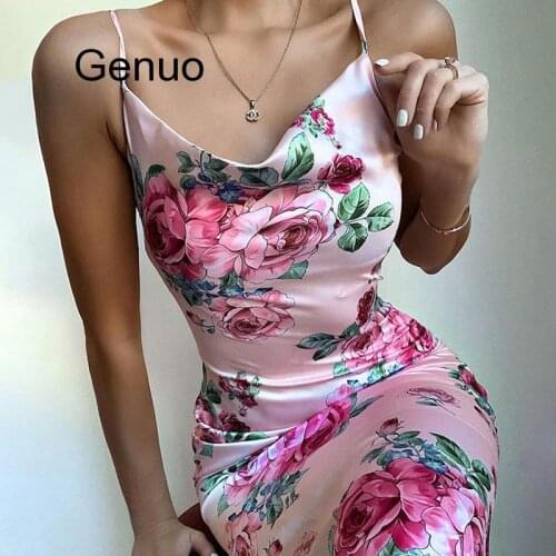 Dulzura floral print satin vintage women midi dress boho strap lace up backless sexy 2020 summer clothes party evening elegant