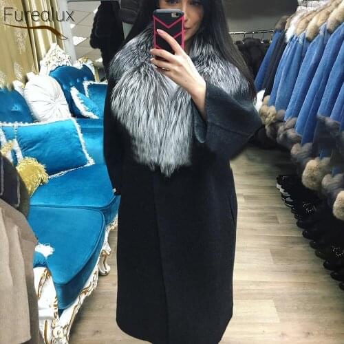 FUREALUX Real Woolen Fur Coat With Natural Fox Fur Collar Womens Autumn Winter Pure Black Fashion Warm Clothing Mid-length