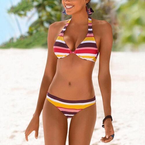 #H30 Push Up Bikini 2020 Two Piece Swimsuit Women High Waist Striped Bikini Set Plus Size Swimwear Beach Bathing Suits Bikinis