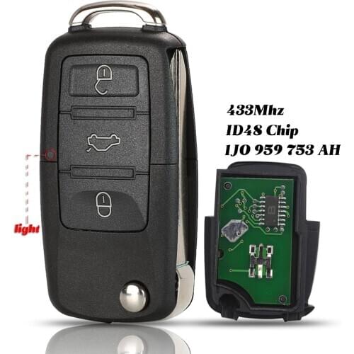Jingyuqin 3 Buttons Flip Remote Car Key Fob For Volkswagen VW Golf 4 5 Passat B5 B6 Polo Touran 434Mhz ID48 Chip 1JO 959 753 AH