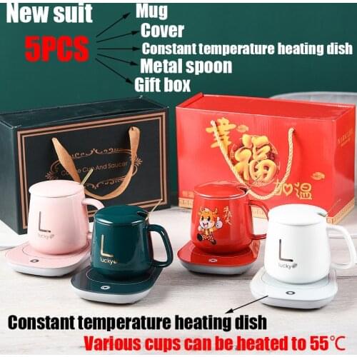 5PCS Ceramic thermostat cup 55 degrees Celsius warm cup with lid spoon heating coaster milk coffee mugs Gift box Set household