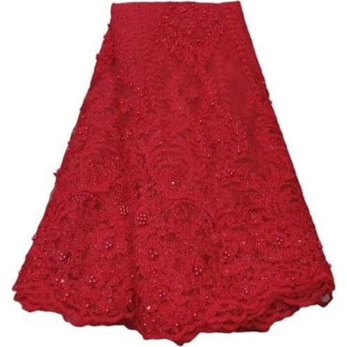Red Hot Sale African Beads Lace Fabric High Quality Sequins Nigeria French Tulle Mesh Lace Fabric for Bridal Materials Sew
