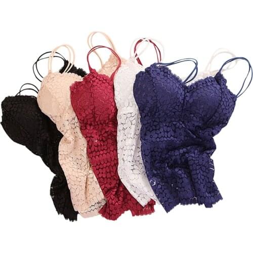 Lace Floral Padded Bralette Bralet Bra Bustier Long Crop Top Cami Tank Top Push Up Lace Underwear Wire Free Sheer Women Bras