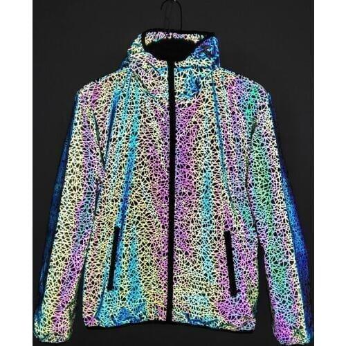 2019 Men Autumn Winter Personality Colorful Stripe Reflective Jacket Hip Hop Coat Harajuku Shiny Reflect Light Chaqueta Hombre
