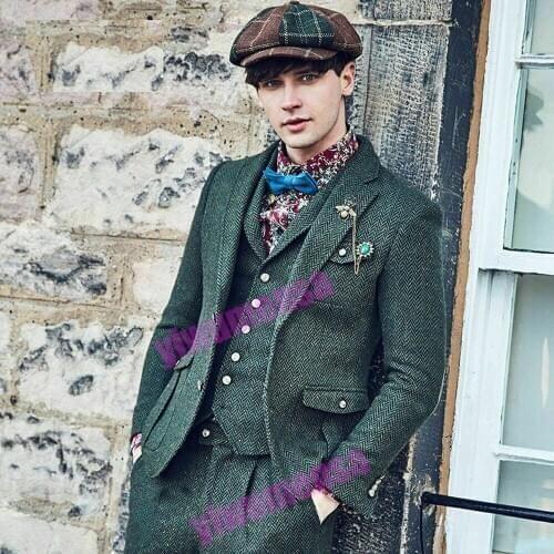 YIWUMENSA Winter Tuxedo Mens Blazer Green Herringbone Tweed 3 Pieces Retro Formal Suit Slim Fit Custom Made Smoking 2021 Terno