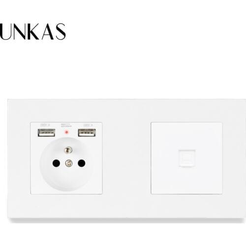 UNKAS PC Plastic Panel French Standard Wall Socket with 2 USB Charge Port + RJ45 Internet Computer Connector Enchufe Pared USB