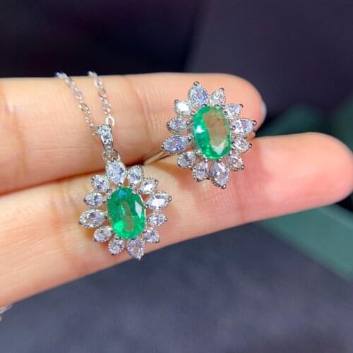 Natural Emerald Jewelry Sets for Women Party Necklace and Ring Top Quality Real Green Gemstones With Certificate Gifts S925 5*7M