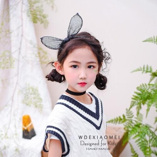 Cute Bunny Ears Headband Children Hair Accessories handmade Shiny Star Gauze BowKnot HairBands Hair Hoop Headwear For Woman Girl