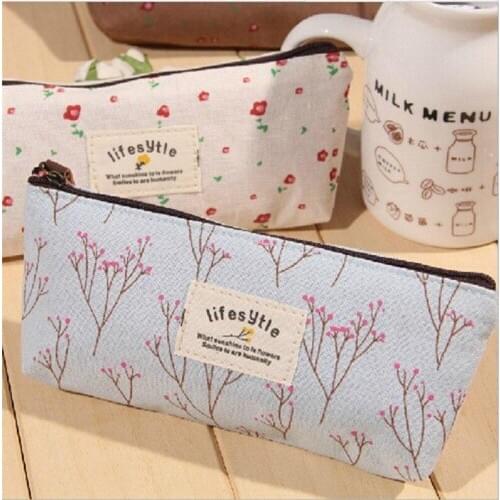 Cute Floral Flower Canvas Zipper Pencil Cases Korea Pen Bags School Supplies Stationery Pencil Pouch for Girls