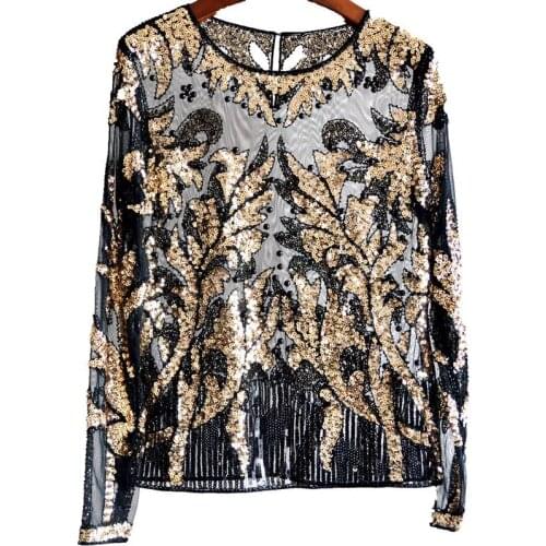 Sexy Sequined embroidery Leaf pattern Shirt women shiny Transparent gauze Heavy Beading Blouses