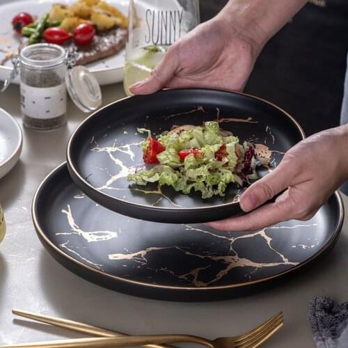 Nordic ceramic dinner plate matte hand-painted gold edge light luxury marble gold pattern hotel round tableware steak plate