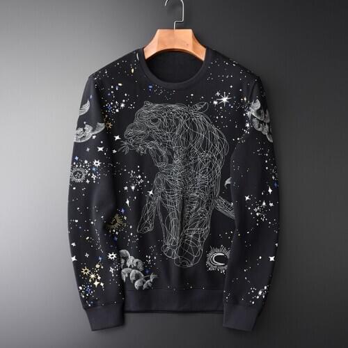 100% Cotton Men Luxury Allover Printed Fashion Round Collar Sweatshirt Male Black Spring Slim Fit Mens Hoodies