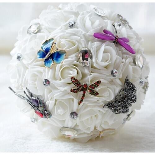 Unique Style Bridal Bouquet Cream Rose Flowers Handmade Rhinestones Bridal Artificial Wedding Bouquet