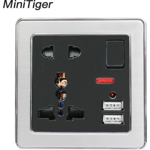 13A Universal 5 Hole Switched Wall Socket With Neon 2.1A Dual USB Charger Port LED indicator Black Stainless Steel Frame