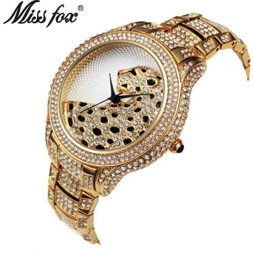 Miss Fox Hot Leopard Watch Fashion Female Golden Clock Charms Full Diamond Brand Gold Watch Women Wrist Business Quartz Watches