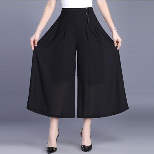 Large Size Womens Black Chiffon Pants Skirt 2019 Summer New High Waist Elastic Casual Pants Loose Wide Leg Pants 5XL 6XL R352