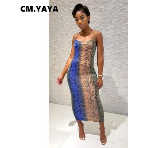 CM.YAYA Women Maxi Dress Print Sleeveless Strap Low Collar Strechy Bodycon Long Dresses Sexy Night Club Party Outfits Summer