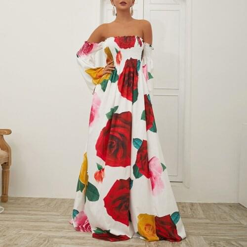 Women Summer Elegant Tunic High Waist Elastic Chiffon Floral Print Off Shoulder Maxi Dress Bohemian Beach Long Boho Dresses