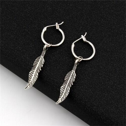 1pair Ethnic Vintage Silver Color Feather Pandent Hoop Earrings For Women Circle Earring Hoops Earing Aretes Jewelry