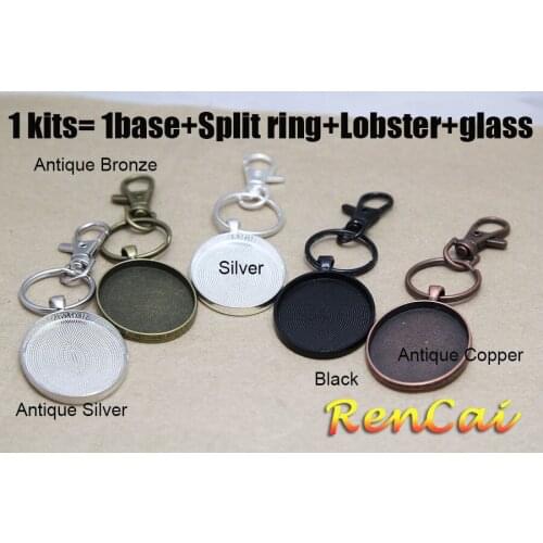 10Kits Vintage 30x40mm Oval Key Chain Pendant Blank Setting With Base+Split+Lobster+Glass For Glass Cabochons DIY Jewelry Making