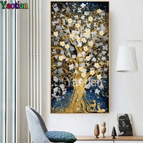 Yaotian Large 5D Diamond Painting Full Drill Square Cross Stitch Abstract Golden Tree Flowres Diamond Embroidery Home Decor