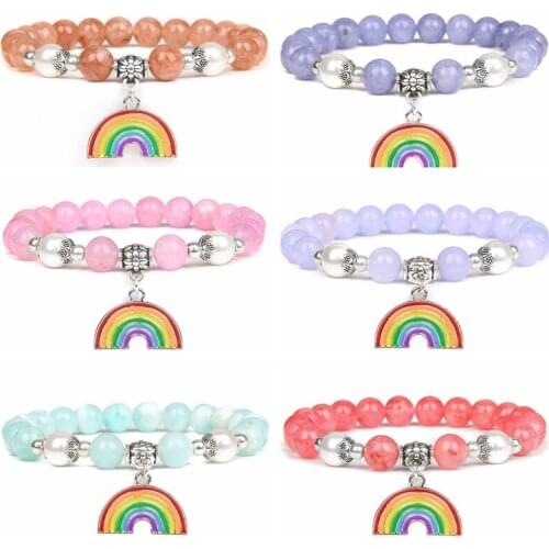 Best Friend Rainbow Couple Bracelet Pink Blue Red Natural Round Stone Bead Elastic Healing Bracelet Jewelry Women Men Lucky Gift