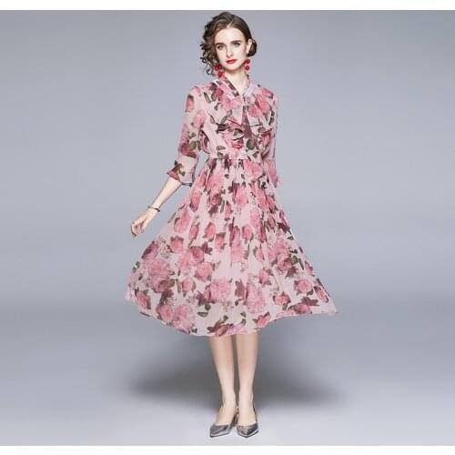 JSXDHK 2021 Summer Vacation Runway Dress Elegant Women Rose Flower Print Chiffon Bow Collar Pink Half Flare Sleeve Pleated Dress