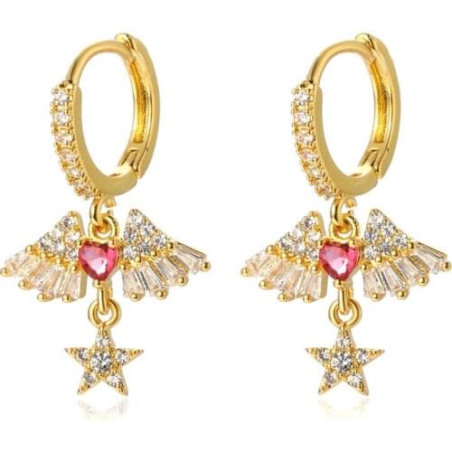 Korean Angel Wings Drop Earrings For Women Exquisite Zirconia Red Rhinestone Heart Earrings 2021 Jewelry Fashion Girl Gifts
