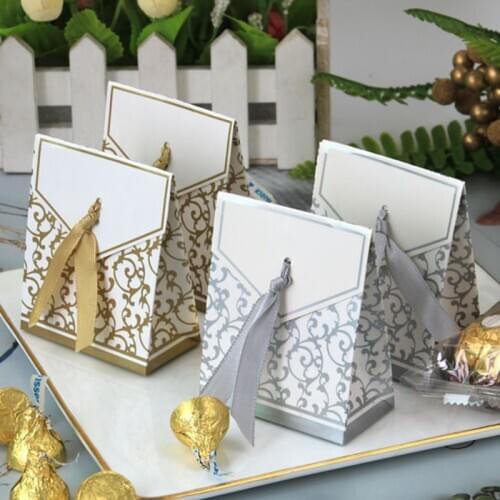 50pcs Gold Silver Candy Box Wedding Favor Gifts Box With Ribbon Chocolate Box Birthday Christmas Party Favors Wedding Decoration