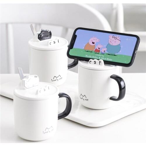 Creative Cat Mobile Phone Holder Ceramic Cup Creative Personality Cute Girl Mug with Lid Spoon Couple Coffee Cup