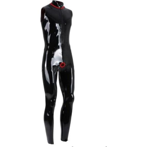 Latex Catsuit Men Sleeveless Front Zip Crotch Hole Ring Hole Customized