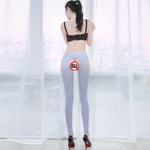 Ice Silk Sexy Women All Sides Hollow Out Transparent Leggings Open Crotch See Through High Elastic Low Waist Sex Pencil Pants