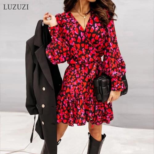 LUZUZI Spring Sexy V Neck Red Party Dresses Long Lantern Sleeve Print Dress 2021 Women Elegant Ruffles Female Office Vestidos