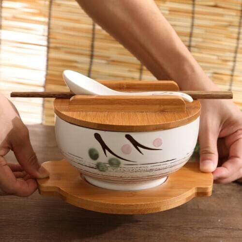 Japanese Style Noodle Bowl Kitchen Tableware Retro Ceramic Rice Salad Bowl with Spoon and Chopstick Soup Bowl Food Container