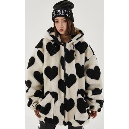 Cute Heart-shaped Print Lambswool Winter Jacket Men Drawstring Pockets Zipper Hooded High Street Warm Couple Streetwear