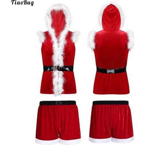 TiaoBug Men Velvet Hooded Coat Sleeveless Faux Fur Leather Waistband With Flannel Christmas Santa Claus Costume Holiday Shorts