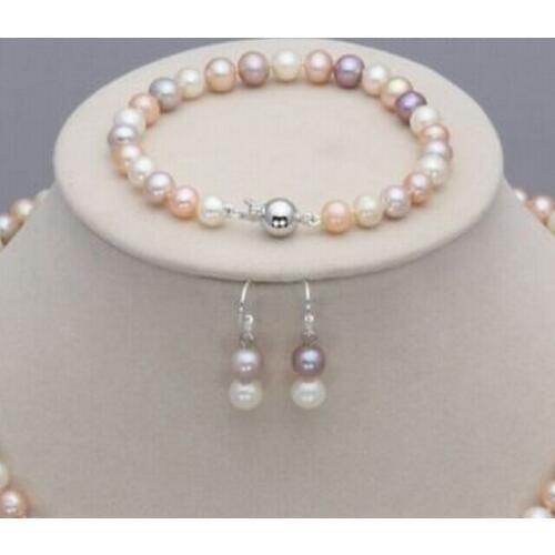 Wedding women Jewelry Set 8-9mm Colorful Real Pearl Bracelet Dangle Hook Earring Natural Freshwater Pearl