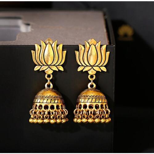 Retro Indian Lotus Flower Gold Carved Bell Tassel Earrings 2020 Gypsy Fashion Jewelry Boho Ethnic Drop Dangle Earrings For Women