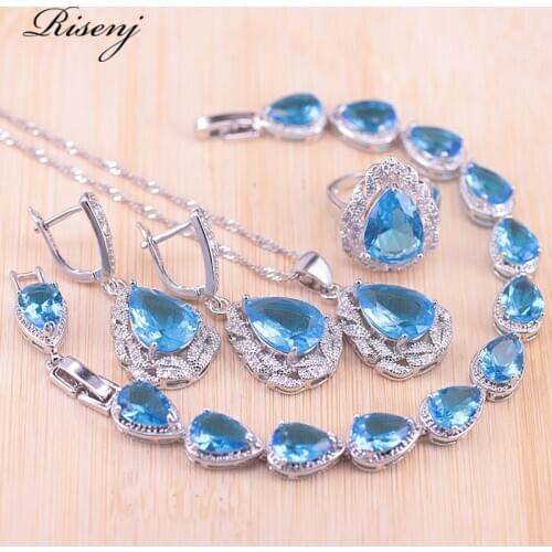 Risenj Water Drop Sky Blue Stone Silver Color Jewelry Set For Women Earrings Ring Necklace Bracelet Set Bridal Jewelry