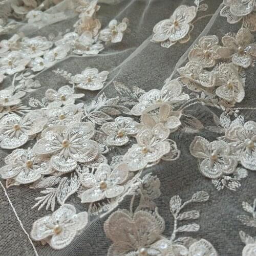 Luxury Alencon Lace Fabric Pearl Beaded 3D Flowers Wedding Lace Embroidered Retro Tulle Lace 51 Inches Wide By The Yard