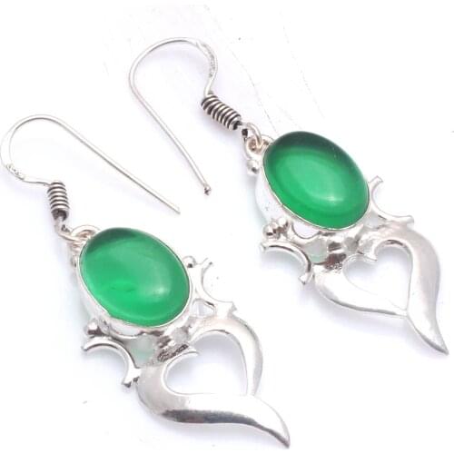 Genuine Green Onyx Silver Overlay on Copper Earrings , Hand made Women Jewelry Gift, E5880