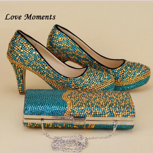 Blue and Gold Rhinestone wedding shoes and purse Sets high heel platform shoes womens Pumps Bride Wedding party shoes and bags
