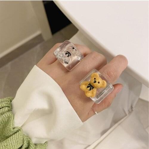 U-Magical Unique Design Little Bear Transparent Square Geometric Ring for Women Creative Bowknot Resin Index Finger Ring Jewelry