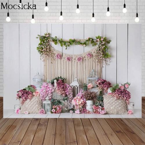 Bohemian Style Spring Backdrops Fresh Flowers White Wooden Board Photography Background Birthday Cake Smash Props Photo Studio