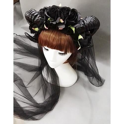 Vintage Victorian Black Roses Sheep Horns Headband Party Night Fancy Dress Lace Veil Hair Accessory Punk Cosplay