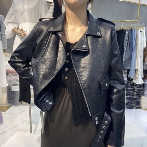 PU Leather Coat Women Spring 2021 New Lapel Short Slim Snake Pattern Zipper Long Sleeve Motorcycle Biker Jacket Jaqueta De Couro